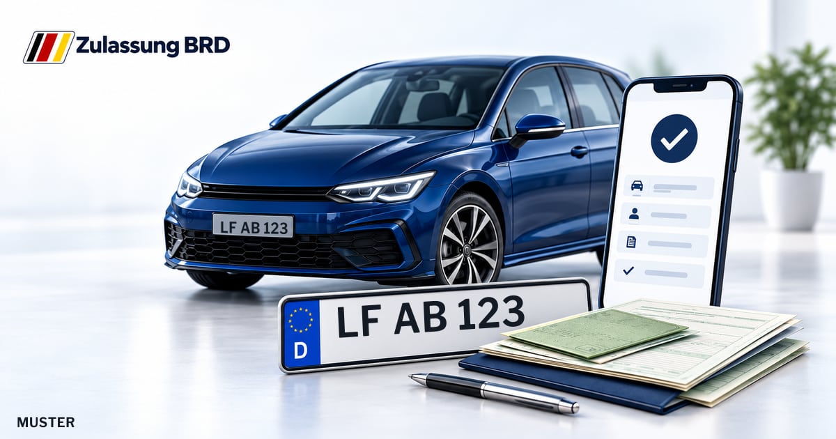 Online Fahrzeugzulassung in Traunreut: Musterkennzeichen LF AB 123, Auto und Fahrzeugpapiere und Smartphone. Illustration mit Logo von Zulassung BRD.
